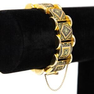 Vintage Gold Tone Black  Enamel Damascene Link Bracelet with Safety Chain, 6.25"
